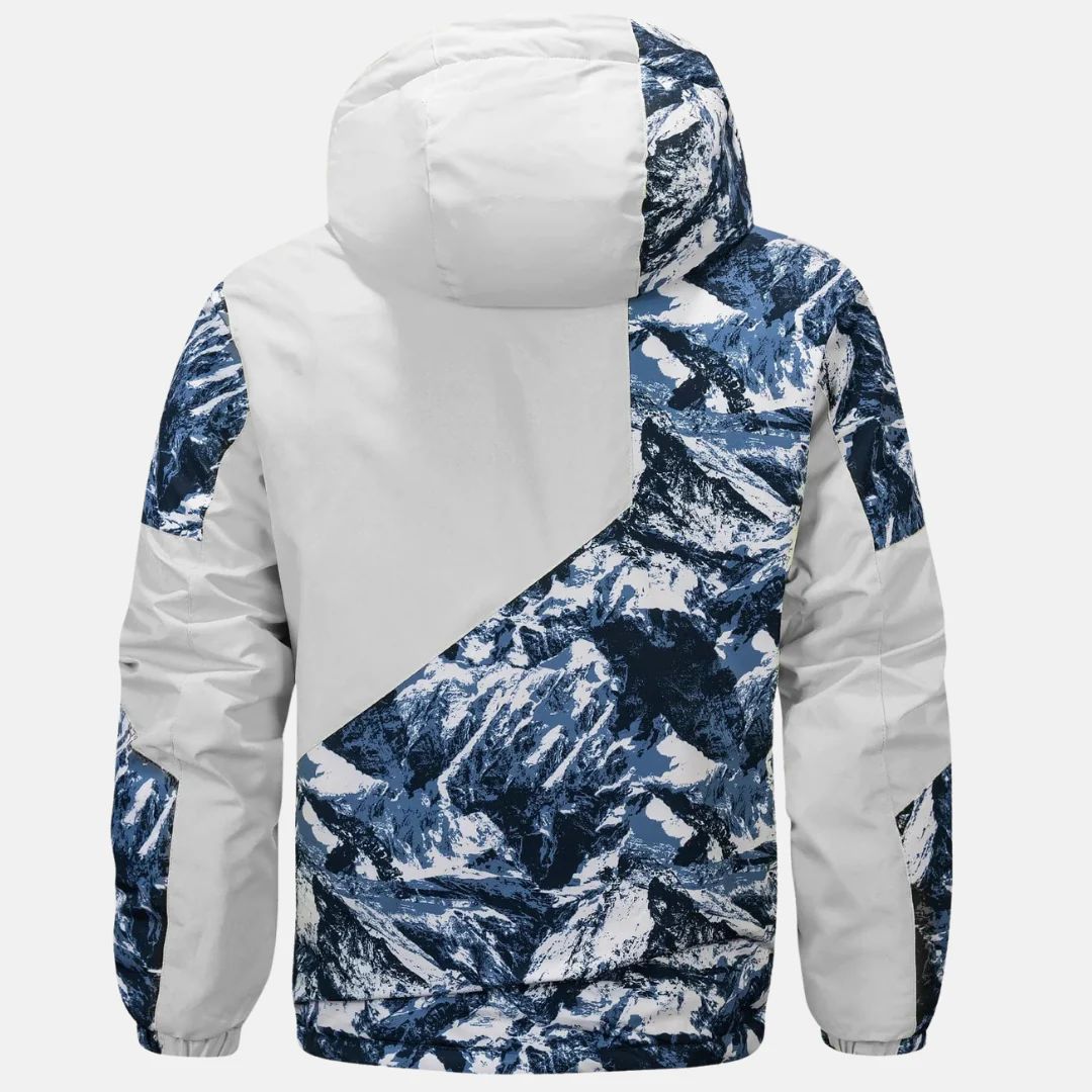 Men's hooded jacket with mountain print panels and zip front