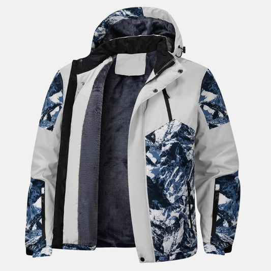 Men's hooded jacket with mountain print panels and zip front