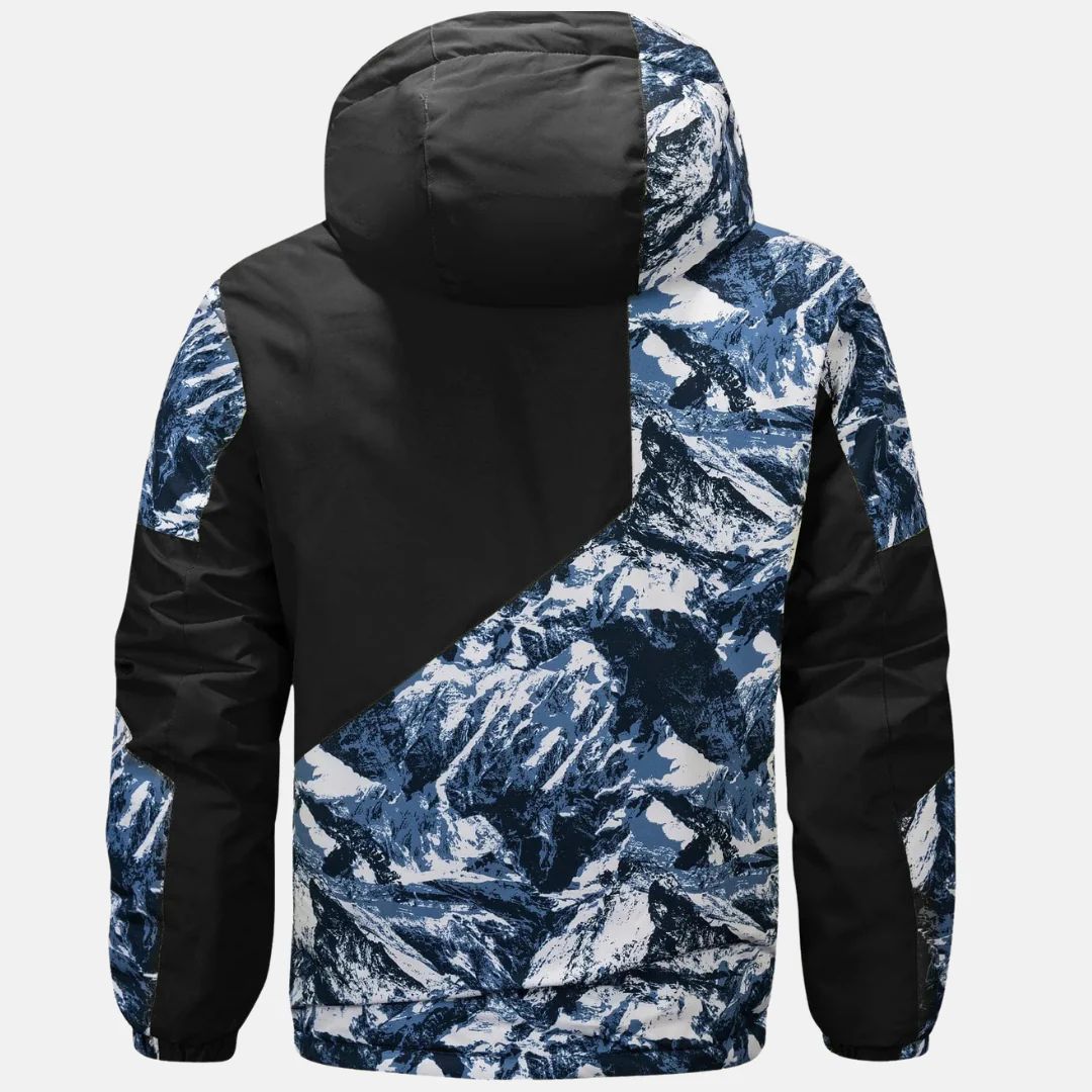 Men's hooded jacket with mountain print panels and zip front