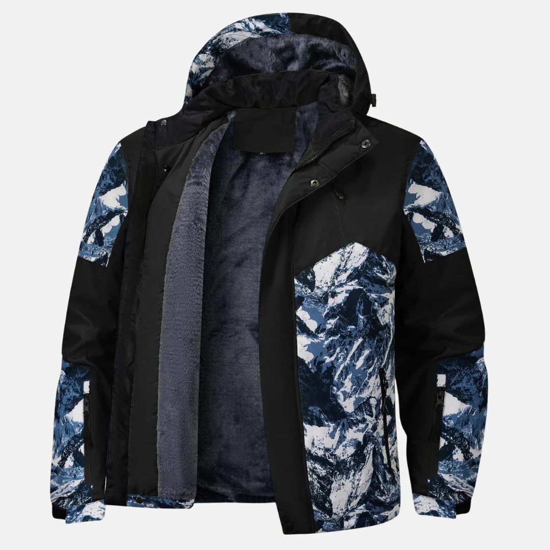 Men's hooded jacket with mountain print panels and zip front