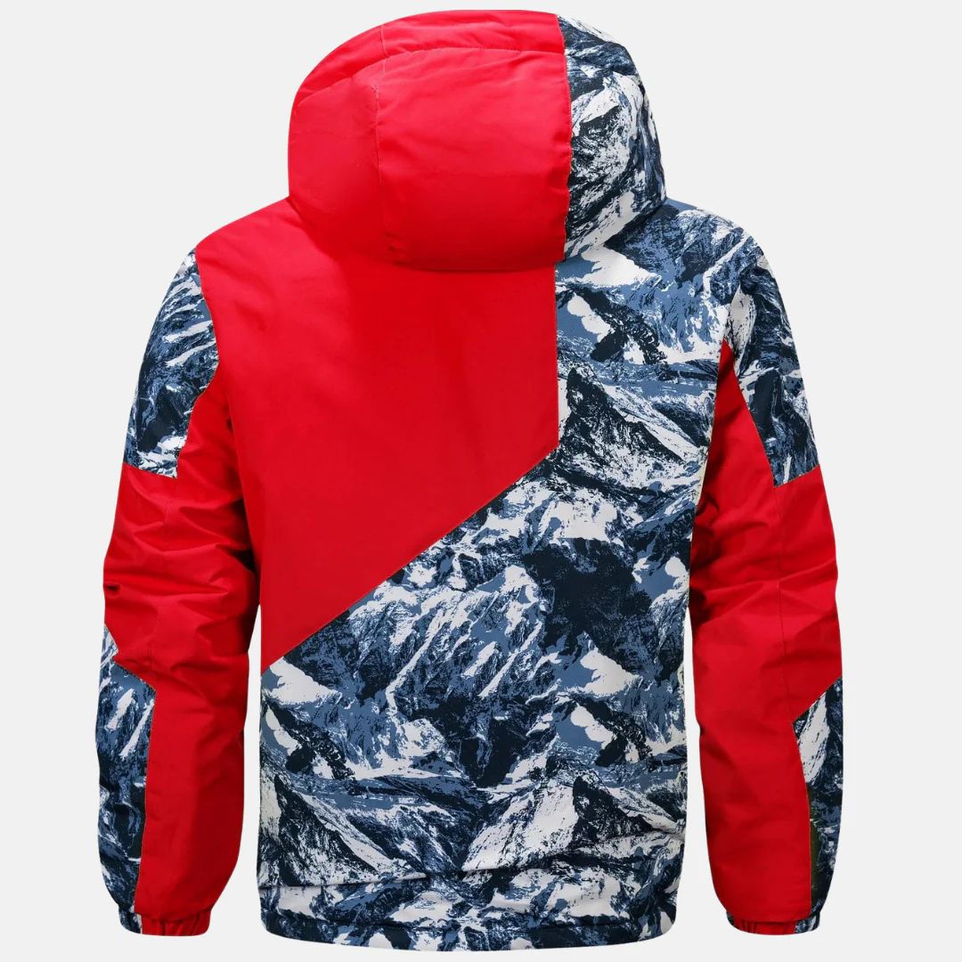 Men's hooded jacket with mountain print panels and zip front