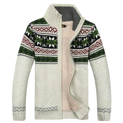 Men's zip-up cardigan with Nordic geometric pattern and stand collar