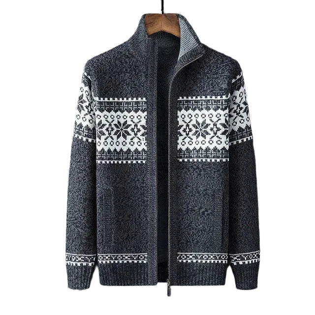 Men's zip-up cardigan with Nordic geometric pattern and stand collar