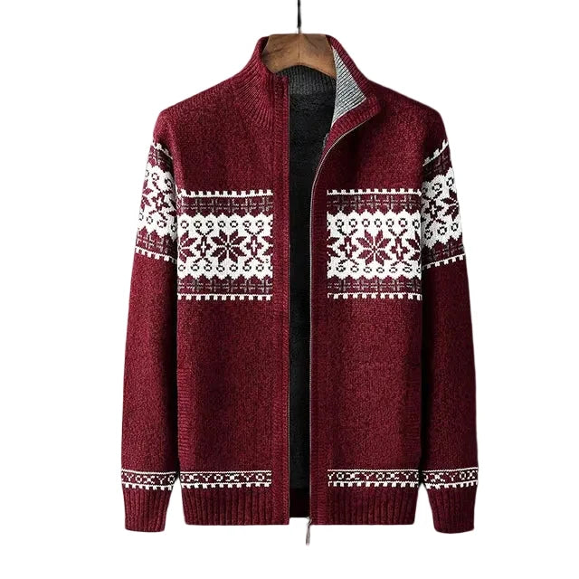 Men's zip-up cardigan with Nordic geometric pattern and stand collar