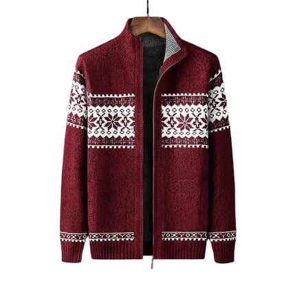 Men's zip-up cardigan with Nordic geometric pattern and stand collar