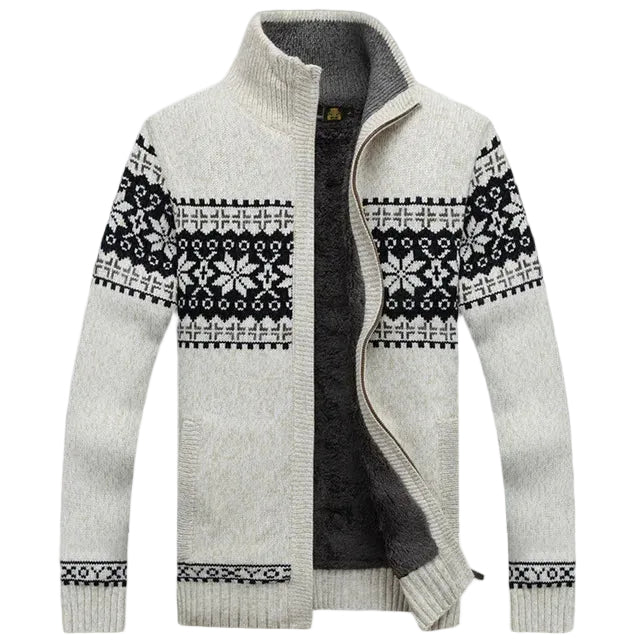 Men's zip-up cardigan with Nordic geometric pattern and stand collar
