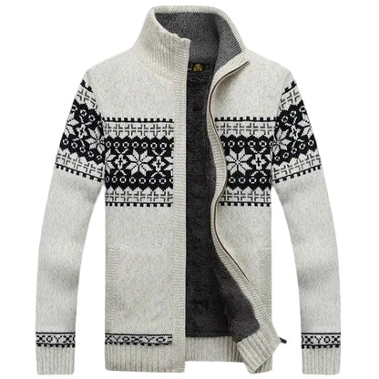 Men's zip-up cardigan with Nordic geometric pattern and stand collar