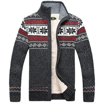 Men's zip-up cardigan with Nordic geometric pattern and stand collar
