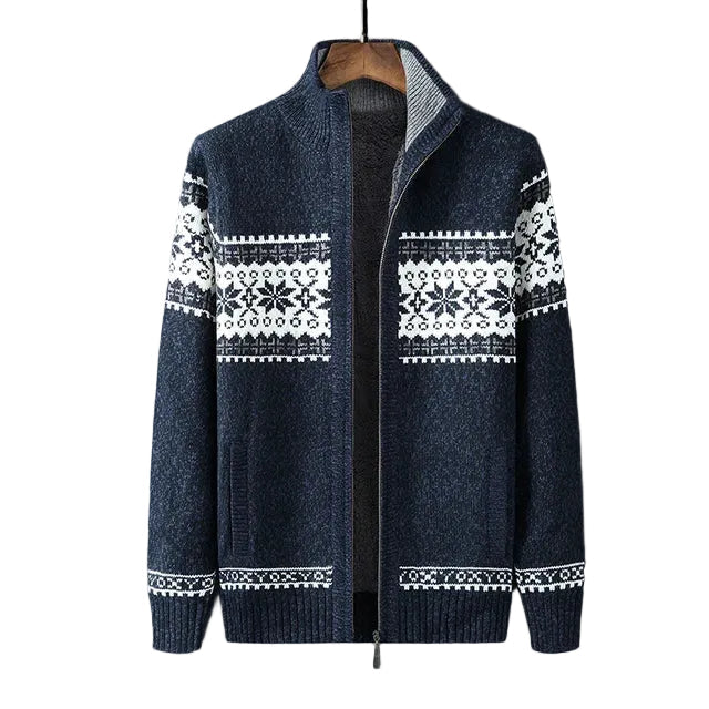 Men's zip-up cardigan with Nordic geometric pattern and stand collar