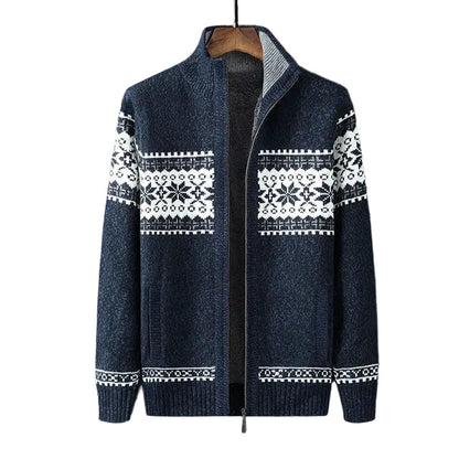 Men's zip-up cardigan with Nordic geometric pattern and stand collar