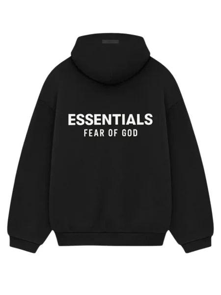 Men's oversized hooded pullover sweatshirt with bold Essentials Fear of God back text
