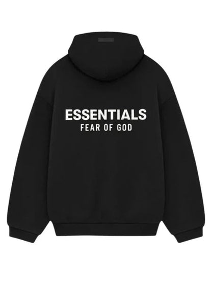 Men's oversized hooded pullover sweatshirt with bold Essentials Fear of God back text