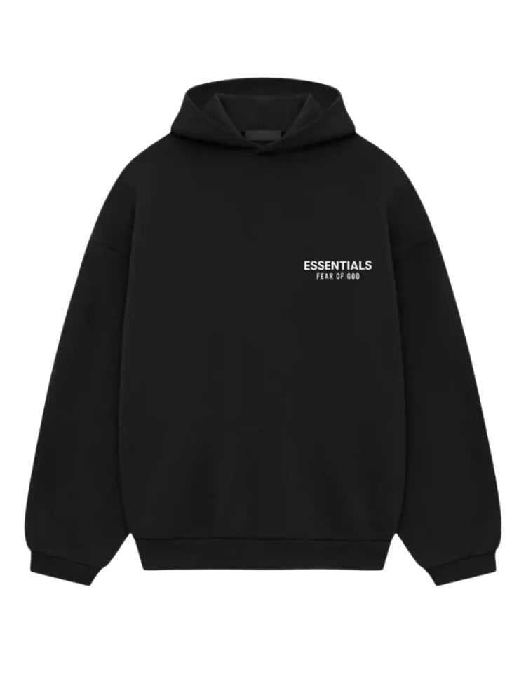 Men's oversized hooded pullover sweatshirt with bold Essentials Fear of God back text