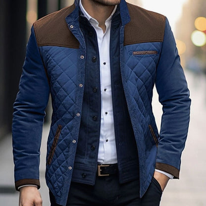 Men's colorblock quilted jacket with stand collar, long sleeves and front pockets