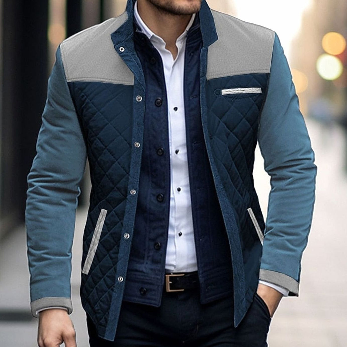 Men's colorblock quilted jacket with stand collar, long sleeves and front pockets
