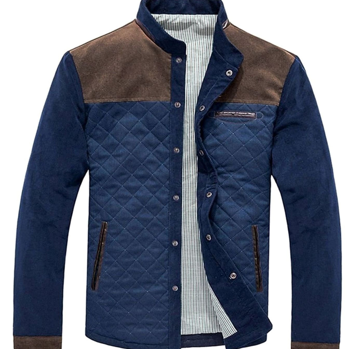 Men's colorblock quilted jacket with stand collar, long sleeves and front pockets