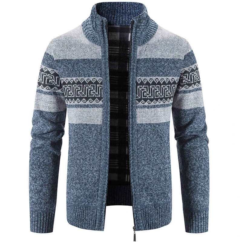 Men's zip-up cardigan jacket with stand collar and geometric patterned bands