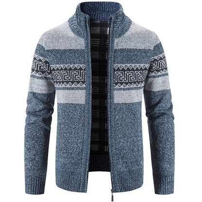 Men's zip-up cardigan jacket with stand collar and geometric patterned bands