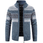 Men's zip-up cardigan jacket with stand collar and geometric patterned bands