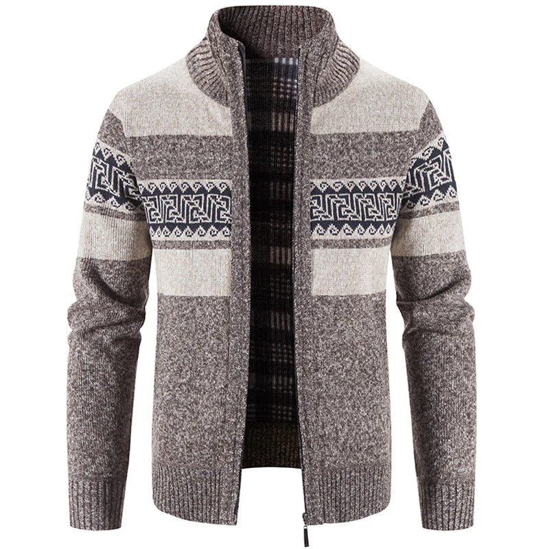 Men's zip-up cardigan jacket with stand collar and geometric patterned bands