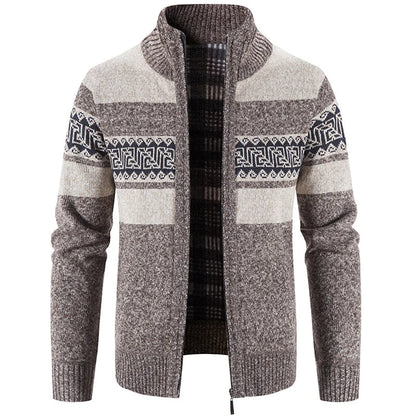 Men's zip-up cardigan jacket with stand collar and geometric patterned bands