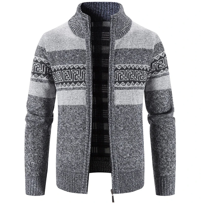 Men's zip-up cardigan jacket with stand collar and geometric patterned bands