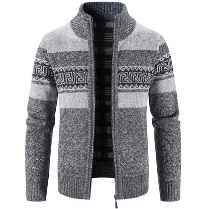 Men's zip-up cardigan jacket with stand collar and geometric patterned bands
