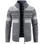 Men's zip-up cardigan jacket with stand collar and geometric patterned bands