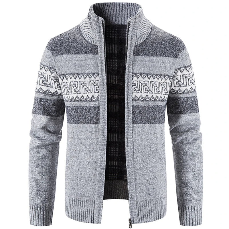 Men's zip-up cardigan jacket with stand collar and geometric patterned bands