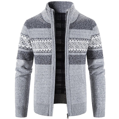 Men's zip-up cardigan jacket with stand collar and geometric patterned bands
