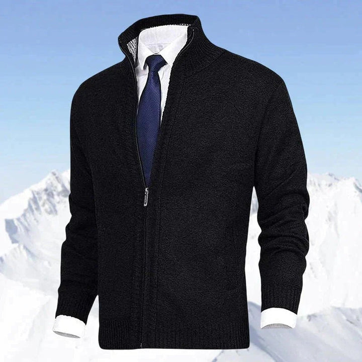 Men's zip-up knit cardigan with mock neck and vertical zip pockets