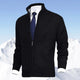 Men's zip-up knit cardigan with mock neck and vertical zip pockets