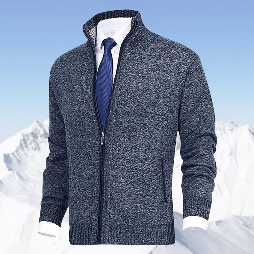 Men's zip-up knit cardigan with mock neck and vertical zip pockets