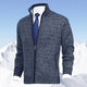 Men's zip-up knit cardigan with mock neck and vertical zip pockets