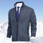 Men's zip-up knit cardigan with mock neck and vertical zip pockets