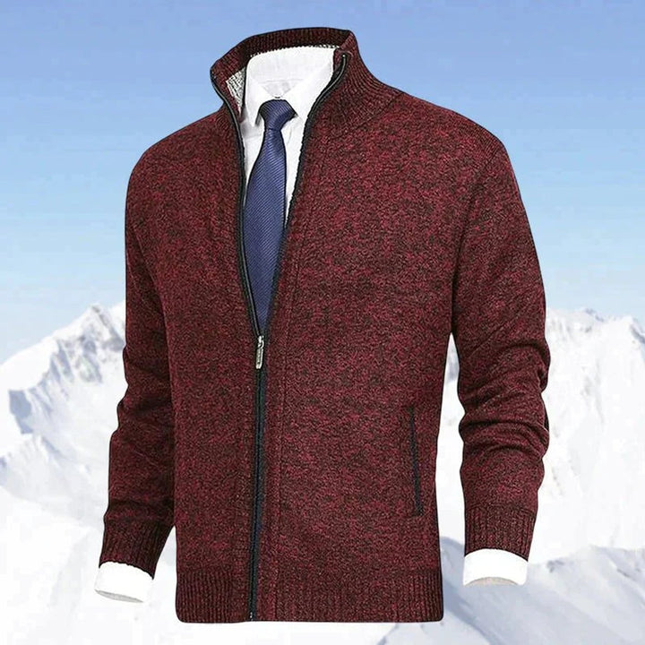 Men's zip-up knit cardigan with mock neck and vertical zip pockets