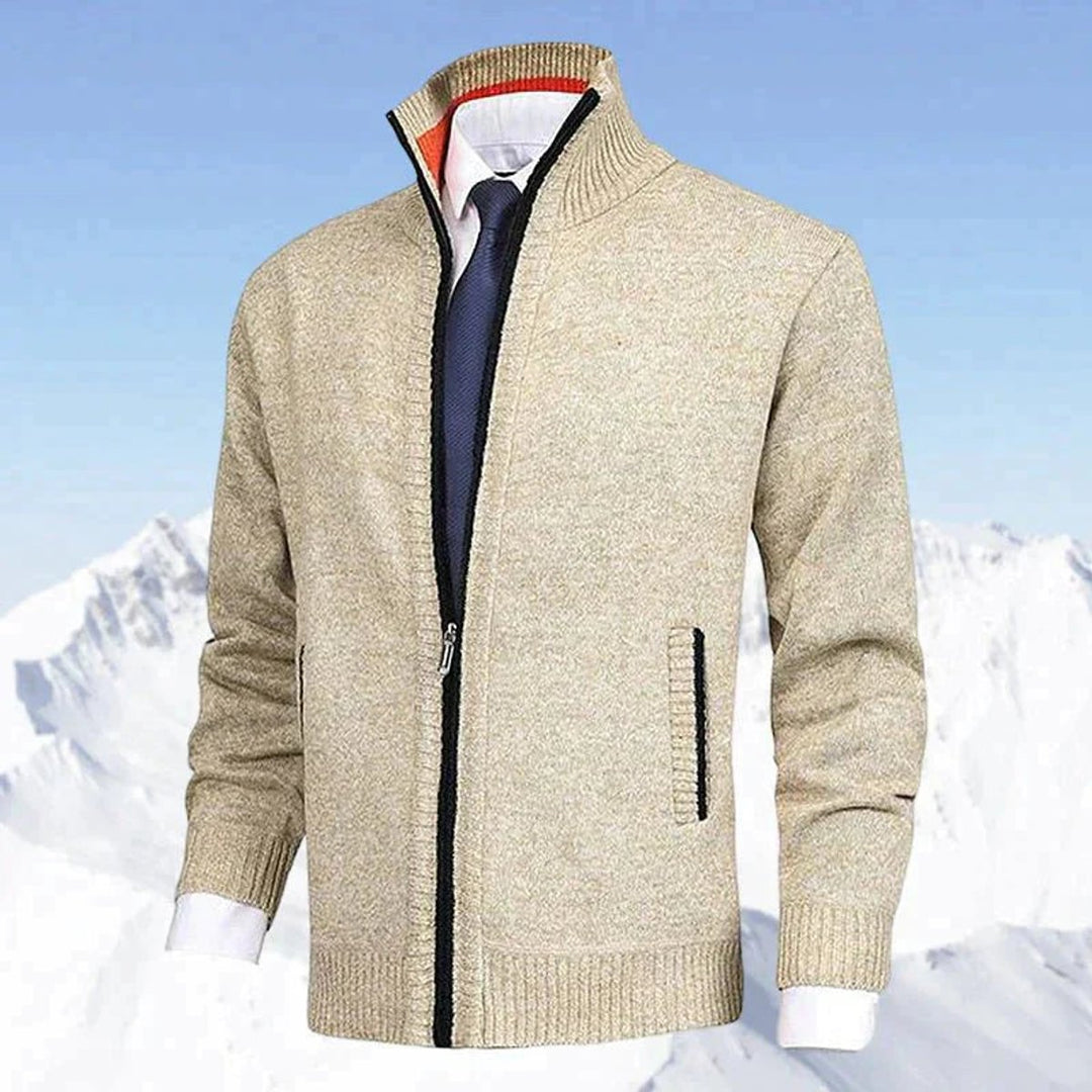 Men's zip-up knit cardigan with mock neck and vertical zip pockets