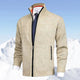Men's zip-up knit cardigan with mock neck and vertical zip pockets