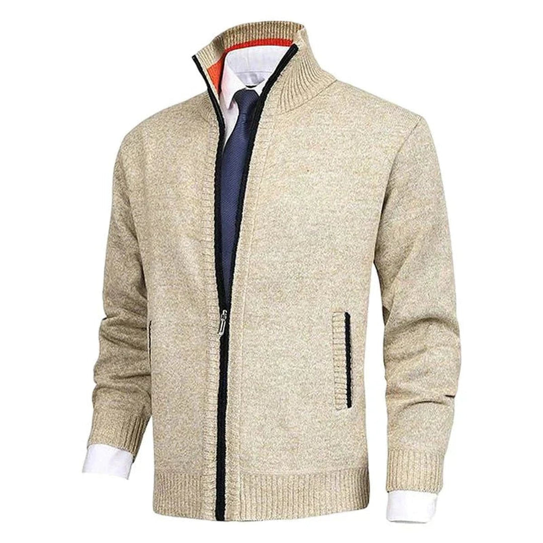 Men's zip-up knit cardigan with mock neck and vertical zip pockets