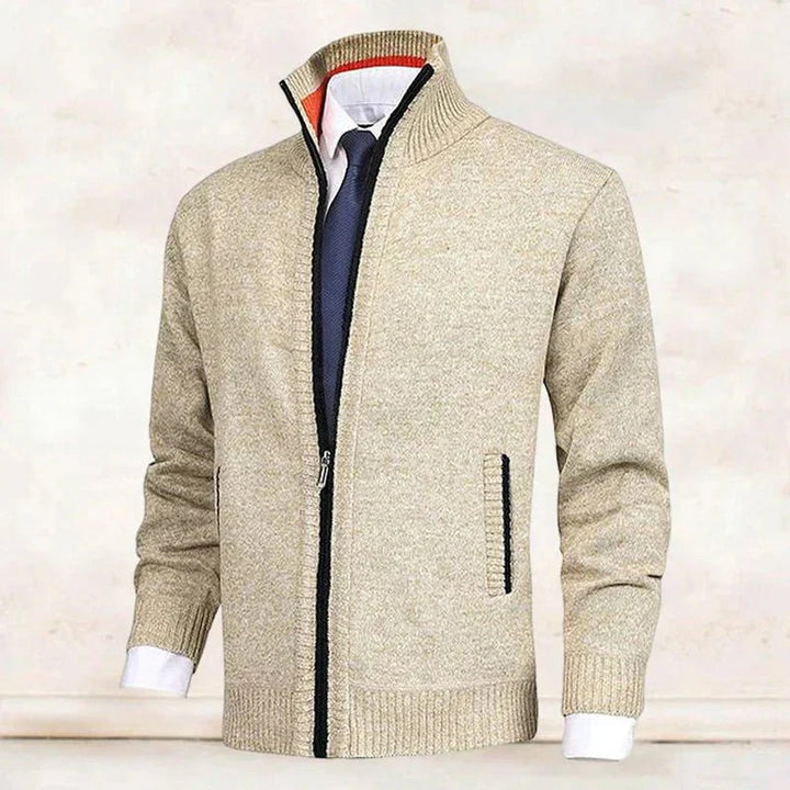 Men's zip-up knit cardigan with mock neck and vertical zip pockets