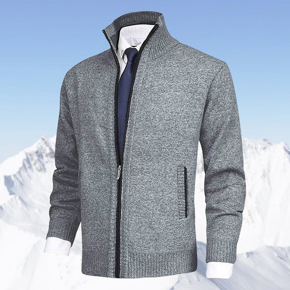 Men's zip-up knit cardigan with mock neck and vertical zip pockets