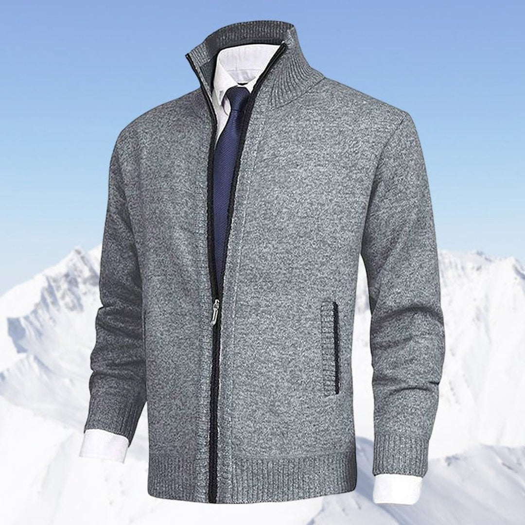 Men's zip-up knit cardigan with mock neck and vertical zip pockets