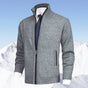 Men's zip-up knit cardigan with mock neck and vertical zip pockets