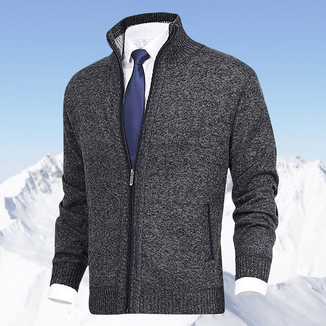 Men's zip-up knit cardigan with mock neck and vertical zip pockets