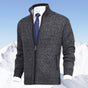Men's zip-up knit cardigan with mock neck and vertical zip pockets