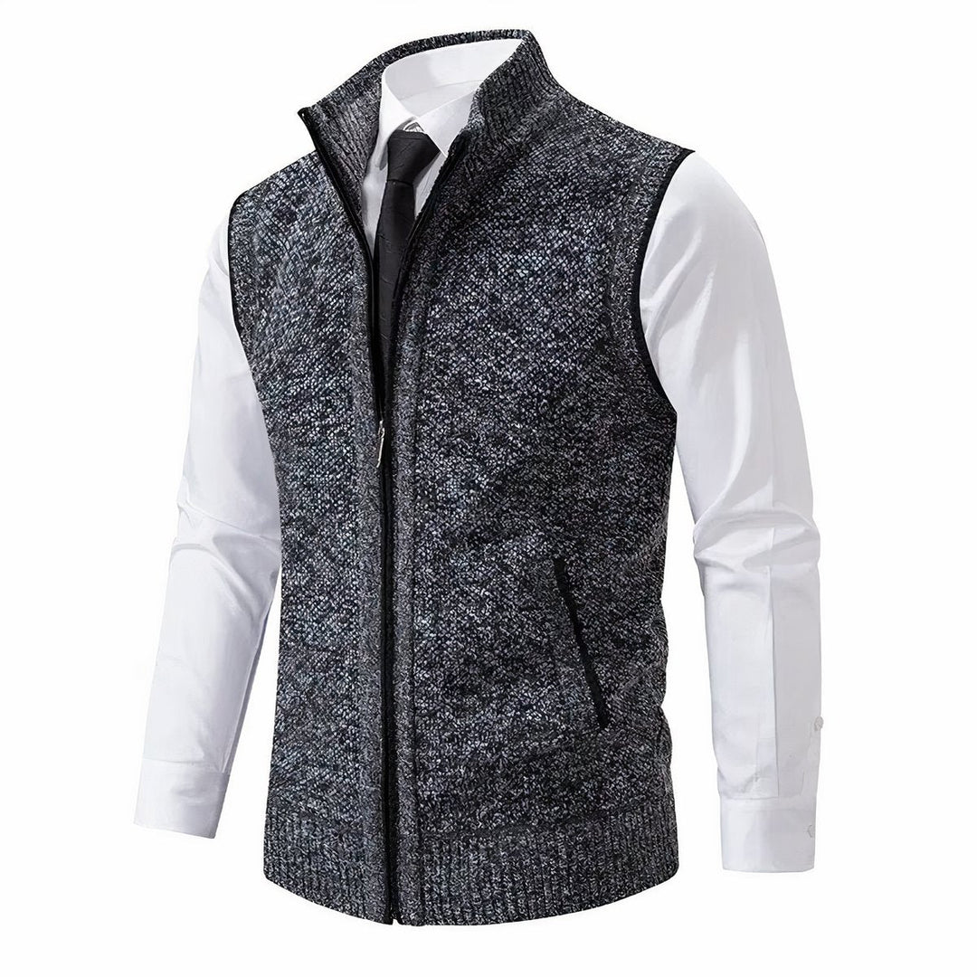 Men's textured knit zip-up cardigan vest with mock neck