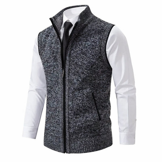 Men's textured knit zip-up cardigan vest with mock neck