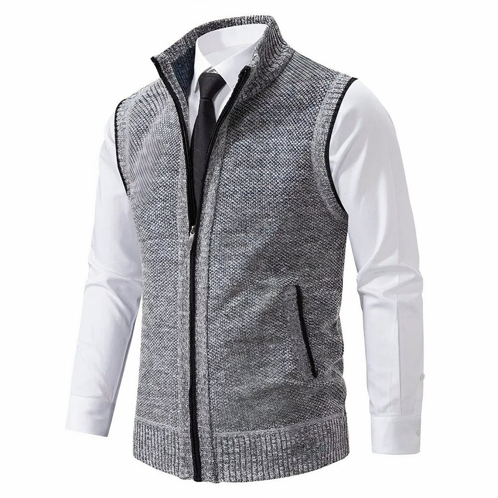 Men's textured knit zip-up cardigan vest with mock neck
