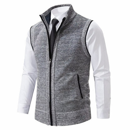 Men's textured knit zip-up cardigan vest with mock neck