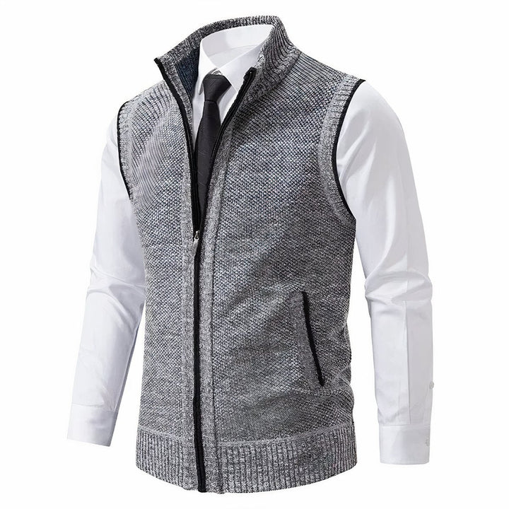 Men's textured knit zip-up cardigan vest with mock neck